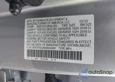 2022 Honda Pilot Awd Special Edition from USA, damaged, VIN 5FNYF6H28NB042497